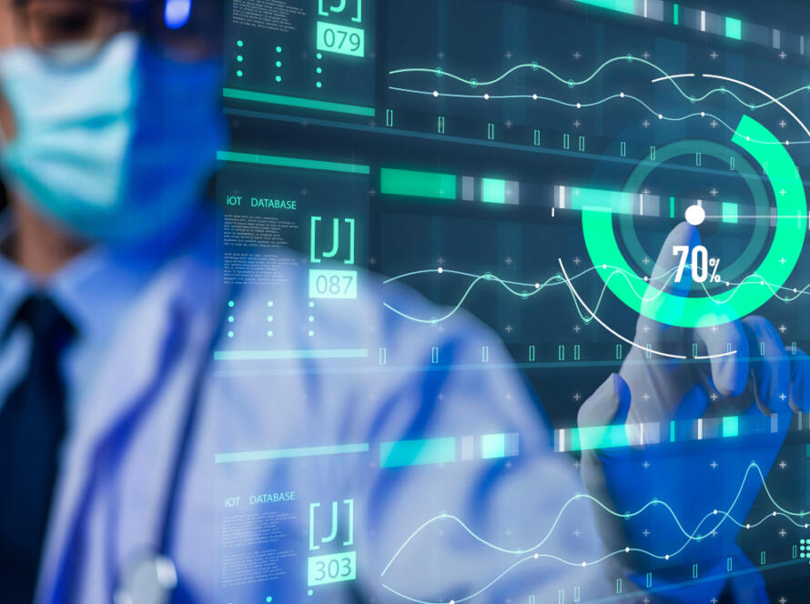 A healthcare professional monitoring a newborn, with AI data analytics visualized on the screen, symbolizing the role of AI in enhancing healthcare oversight